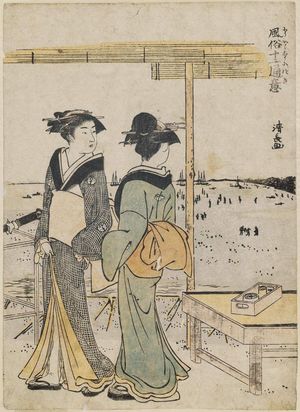 鳥居清長: Two Geisha at a Seaside Teahouse, from the series Twelve Scenes of Popular Customs (Fûzoku jûni tsui) - ボストン美術館