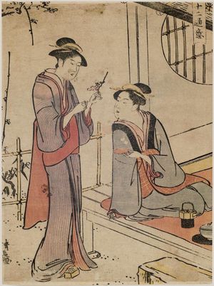 鳥居清長: Two Women Admiring Plum Blossoms, from the series Twelve Scenes of Popular Customs (Fûzoku jûni tsui) - ボストン美術館