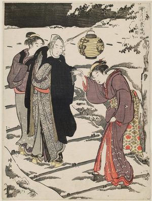 鳥居清長: Snow at Mimeguri (Mimeguri), from the series Snow, Moon and Flowers in the Fashionable Life of the East (Setsugekka Azuma fûryû) - ボストン美術館