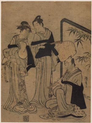鳥居清長: Young Man, Older Man, and Woman Dressed as Komusô - ボストン美術館