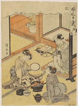 鳥居清長: Blacking the Teeth (Kanetsuke), No. 3 from the series Twelve Rituals of Marriage (Konrei jûni-shiki) - ボストン美術館