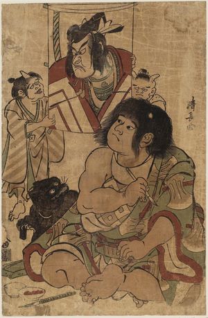 鳥居清長: Kintarô Painting a Kite with a Portrait of Actor Ichikawa Danjûrô in Shibaraku - ボストン美術館