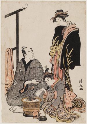 鳥居清長: Actor Matsumoto Kôshirô IV with a Courtesan and a Kamuro - ボストン美術館