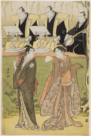 Torii Kiyonaga: Actors Ichikawa Monnosuke II as Osome and Ichikawa Komazô II as Hisamatsu, with chanters Tokiwazu Mojitayû and Tokiwazu Mikitayû, and accompanist Tobaya Richô - Museum of Fine Arts
