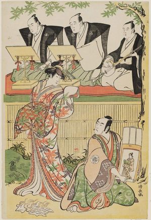 Torii Kiyonaga: Actors Matsumoto Kôshirô IV as Ukita Sakingo and Sawamura Sôjûrô III as the Ghost of Takao, with chanters Tomimoto Itsukidayû and Tomimoto Awatayû, and accompanist Sasaki Ichishirô - Museum of Fine Arts