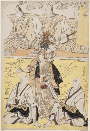 Torii Kiyonaga: Actors Sawamura Sôjûrô III as the monk Sainenbô, Segawa Kikunojô III as Koito, and Ichikawa Monnosuke II as the monk Renseibô, with chanters Koide Ichijûrô and Shibata Kogenji, and accompanist Kineya Shôjirô - Museum of Fine Arts