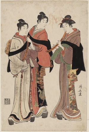 鳥居清長: Two Young Men and a Woman Dressed as Komusô - ボストン美術館