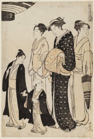 Torii Kiyonaga: Members of the Tomimoto Family Visiting a Temple, from the series Musical Pastimes (Ongyoku tegoto no asobi) - Museum of Fine Arts