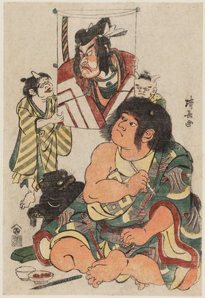 鳥居清長: Kintarô Painting a Kite with a Portrait of Actor Ichikawa Danjûrô in Shibaraku - ボストン美術館