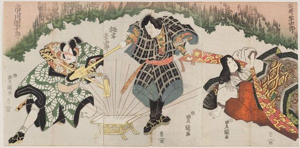 Utagawa Toyokuni I: Actors Iwai Hanshirô (R), Matsumoto Kôshirô (C), and Ichikawa Danjûrô (L) - Museum of Fine Arts