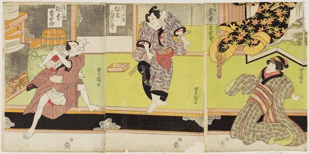 Utagawa Toyokuni I: Actors Iwai Hanshirô R), Bandô Mitsugorô (C), and Matsumoto Kôshirô (L) - Museum of Fine Arts