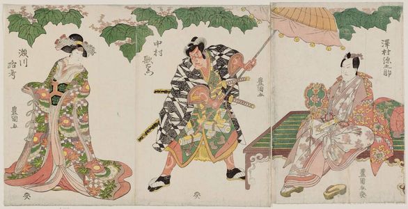 Utagawa Toyokuni I: Actors Sawamura Gennosuke (R), Nakamura Utaemon (C), and Segawa Rokô (L) - Museum of Fine Arts