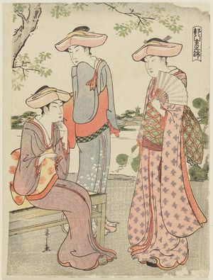 Hosoda Eishi: Three Women Visiting a Shrine, from the series Eight-layered Brocade in the Capital (Miyako yae no nishiki) - Museum of Fine Arts