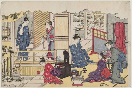 鳥居清長: First Bath of the New Year (Yudono hajime), from the album Saishiki mitsu no asa (Colors of the Triple Dawn) - ボストン美術館