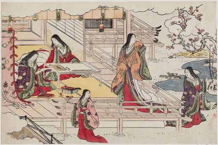 鳥居清長: First Calligraphy of the New Year (Kissho hajime), from the album Saishiki mitsu no asa (Colors of the Triple Dawn) - ボストン美術館