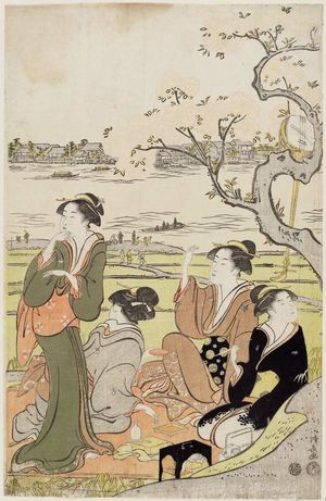 鳥居清長: Cherry Trees on the Banks of the Sumida River, a Pentaptych (Sumidagawa sakura no kei, gomai tsuzuki) - ボストン美術館