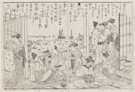 Torii Kiyonaga: A party in a brothel at Shinagawa, on porch overlooking bay at low tide. From Ehon monomi ga oka, Vol I, 4th - Museum of Fine Arts