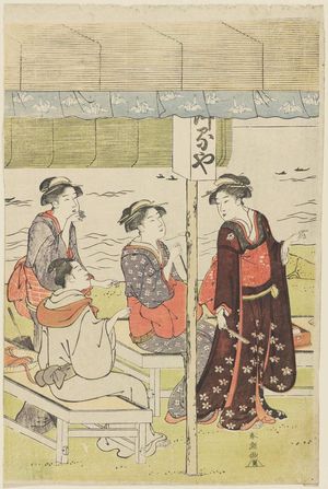 Katsukawa Shuncho: Watching a Festival from an Outdoor Tea Stall with a View of the Bay - Museum of Fine Arts