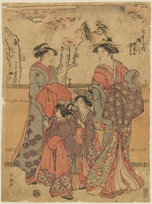 勝川春潮: Takigawa of the Ôgiya, kamuro Menami and Onami - ボストン美術館