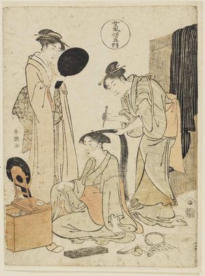 勝川春潮: Hairdressing, from the series Five Patterns of Women's Customs (Onna fûzoku gogyô) - ボストン美術館
