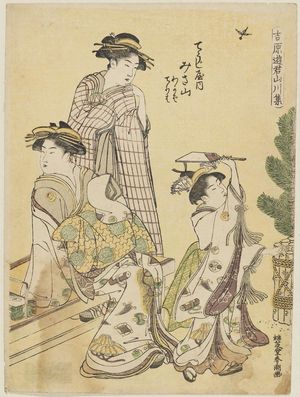Katsukawa Shuncho: Misayama of the Chôjiya, kamuro Wakaba and Teruha, from the series Mountains and Rivers among the Courtesans of the Yoshiwara (Yoshiwara yûkun sansen shu) - Museum of Fine Arts
