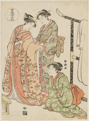 勝川春潮: Bride Changing Clothes, from the series Five Patterns of Women's Customs (Onna fûzoku gogyô) - ボストン美術館