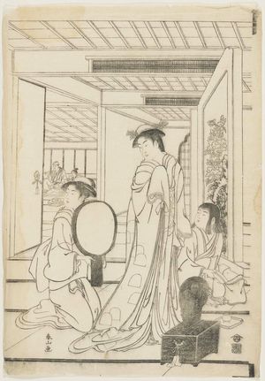 勝川春山: On veranda of teahouse overlooking the sea. Triptych. - ボストン美術館