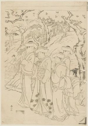 Katsukawa Shunzan: Gathering at foot of hill near stairs up to shrine - Museum of Fine Arts