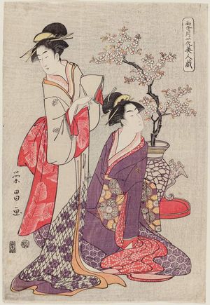 Chokosai Eisho: Women with Potted Cherry Tree, from the series Snow, Moon, and Flowers in the Amusements of Beauties (Setsugekka bijin tawamure) - Museum of Fine Arts