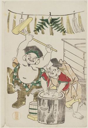 玉川舟調: Daikoku and Ebisu Pounding Mochi at New Year - ボストン美術館