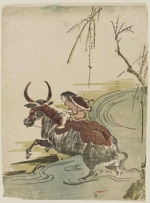 歌川豊広: Boy Riding a Water Buffalo across a Stream - ボストン美術館