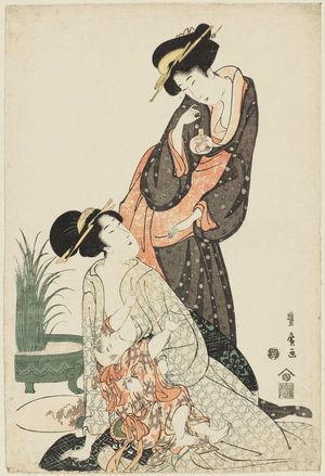 Utagawa Toyohiro: Two Women with Goldfish and Nursing Baby - Museum of Fine Arts