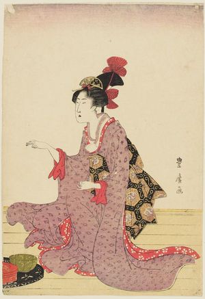 Utagawa Toyohiro: Woman kneeling on floor in front of bowls - Museum of Fine Arts