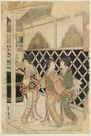 Utagawa Toyohiro: Three woman outside gates - Museum of Fine Arts