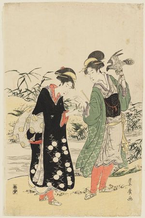 Utagawa Toyohiro: Two women- one holding falcon, the other a small bird. - Museum of Fine Arts