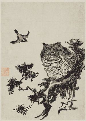 歌川豊広: Owl and Sparrows - ボストン美術館
