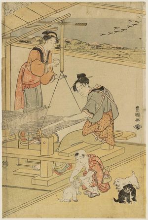 歌川豊国: Women Weaving and Boy Playing with Puppies - ボストン美術館