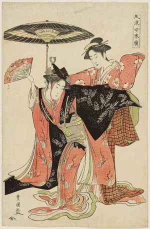 歌川豊国: Two Women Dancing, from the series Fashionable Women's Fans (Fûryû onna suehiro) - ボストン美術館