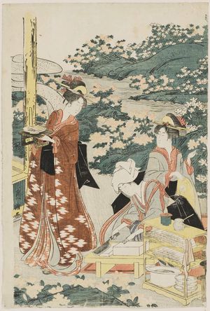 歌川豊国: Three Women Preparing Food Outside - ボストン美術館