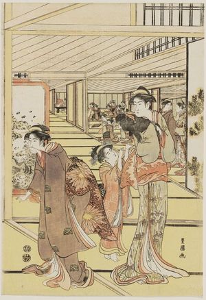 歌川豊国: Interior Scene with Women, Children, and a Dog - ボストン美術館