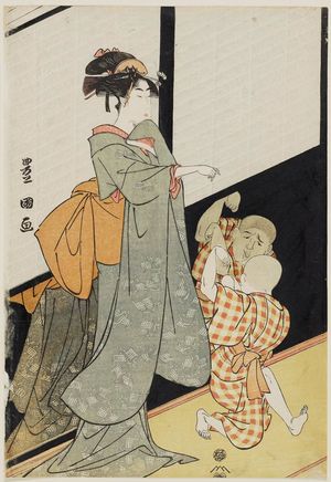 歌川豊国: Child Playing with his Reflection as a Woman Watches - ボストン美術館