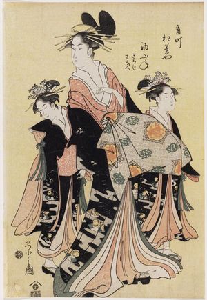 Hosoda Eishi: Hatsufune of the Matsubaya in Kado-chô, kamuro Kichiji and Sanae - Museum of Fine Arts