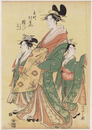 細田栄之: Yosooi of the Matsubaya, kamuro Tomeki and Nioi - ボストン美術館
