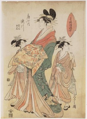 細田栄之: Takigawa of the Ôgiya, kamuro Onami and Menami, from the series Contest of Designs in the Pleasure Quarters (Seirô moyô awase) - ボストン美術館