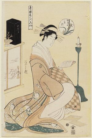 Hosoda Eishi: Wakana of the Matsubaya, from the series Beauties of the Yoshiwara as Six Floral Immortals (Seirô bijin Rokkasen) - Museum of Fine Arts