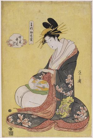 Hosoda Eishi: Utamaki of the Takeya, kamuro Futaba and Midori, from the series New Year Fashions as Fresh as Young Leaves (Wakana hatsu ishô) - Museum of Fine Arts