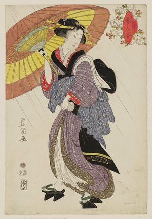 Utagawa Toyokuni I: Woman in Rain with Umbrella, from the series Comparison of Beauties (Bijin awase) - Museum of Fine Arts