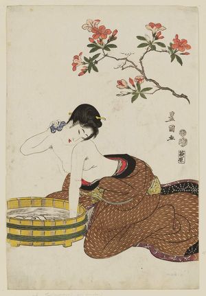 歌川豊国: Woman Bathing Under Flowers - ボストン美術館