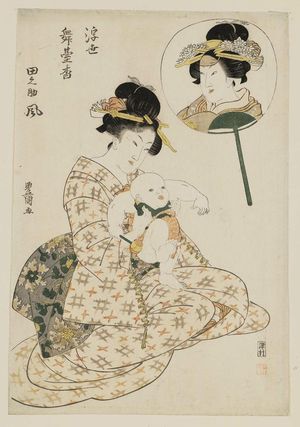Utagawa Toyokuni I: Woman Holding a Baby with an Inset of an Actor on a Fan - Museum of Fine Arts