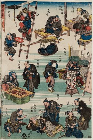 Utagawa Hiroshige: Acts VI and VII, from the series Comical Parodies of The Storehouse of Loyal Retainers (Mitate Kokkei Chûshingura) - Museum of Fine Arts